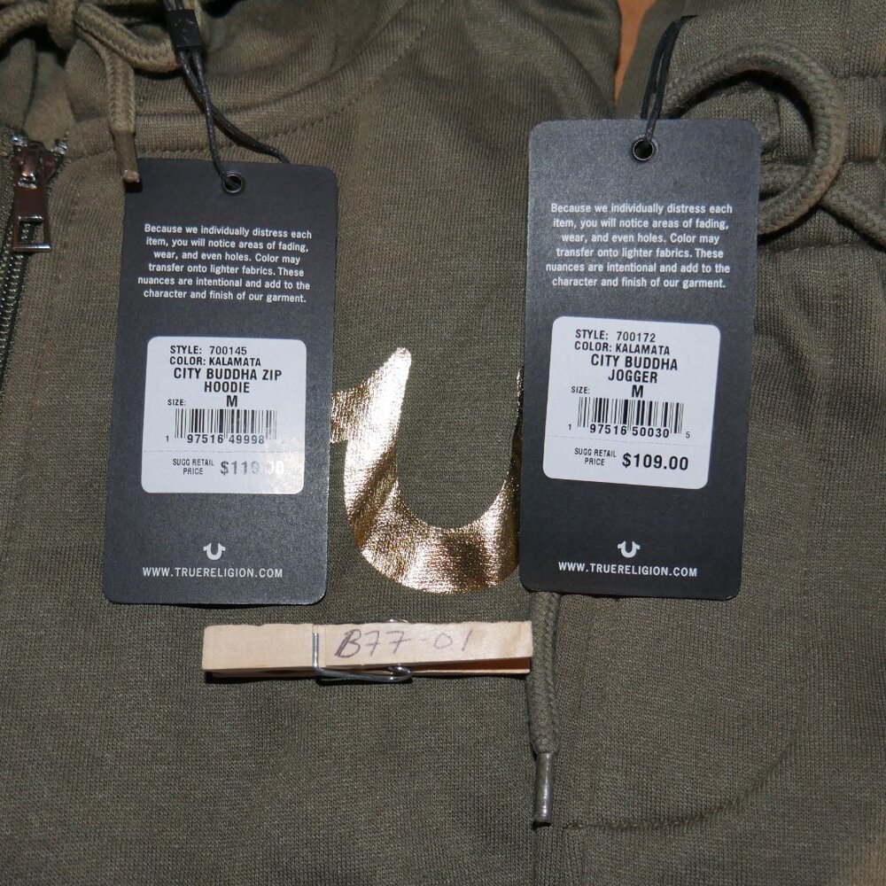 True Religion Men's 2 PC Sweatsuit Fleece Tracksuit Matching Outfit Olive Green - Picture 8 of 10